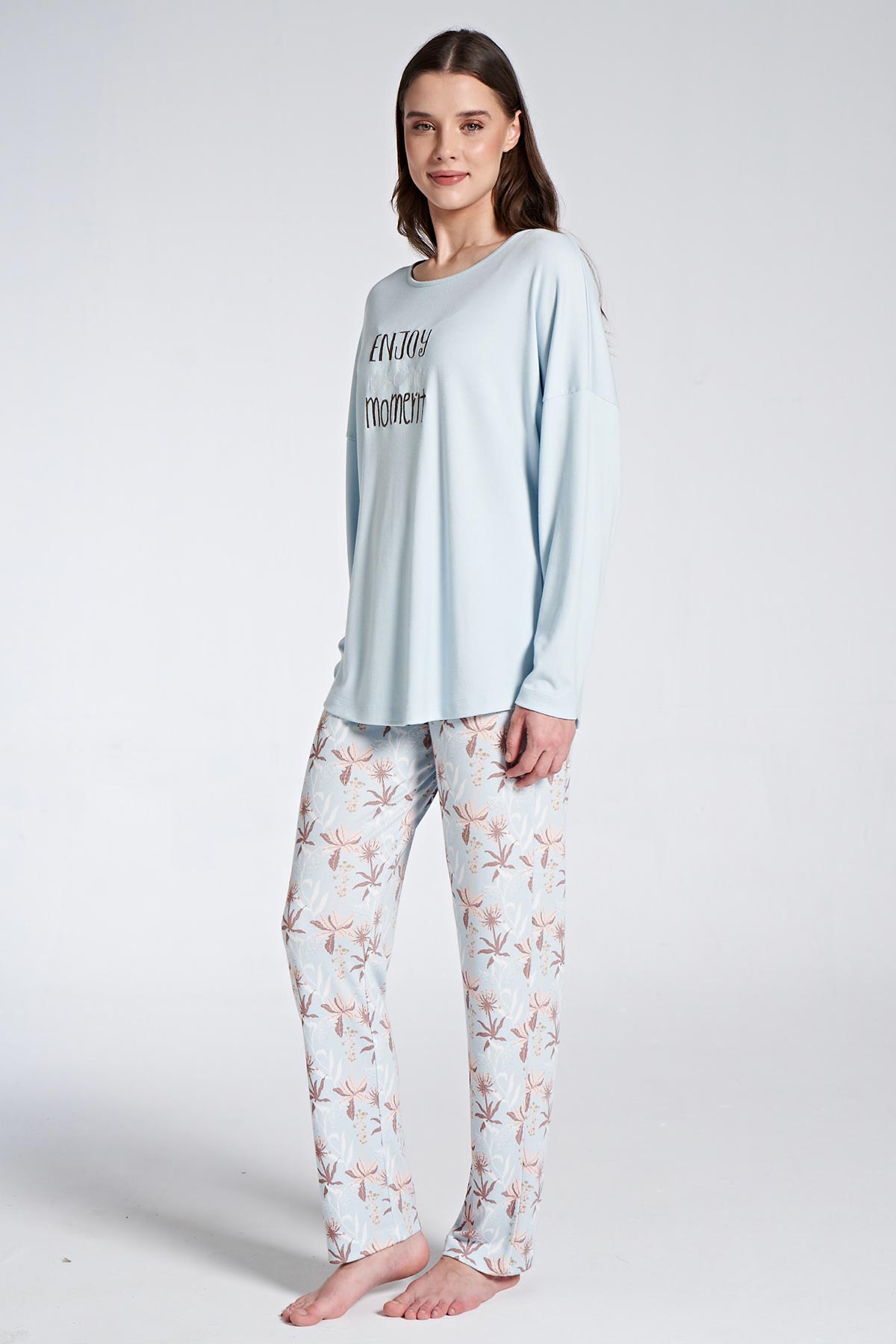 Pınarca Kadın Pijama Takımı Uzun Kollu Bisiklet Yaka Çiçek Desenli