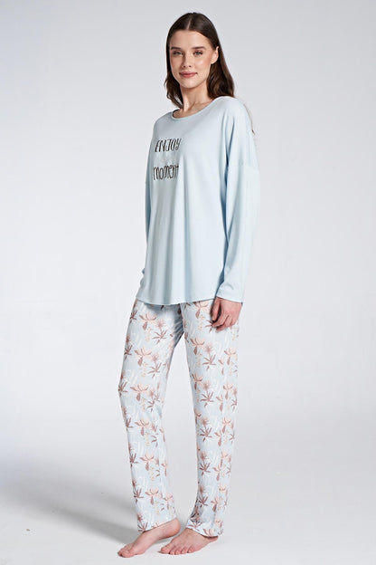 Pınarca Kadın Pijama Takımı Uzun Kollu Bisiklet Yaka Çiçek Desenli