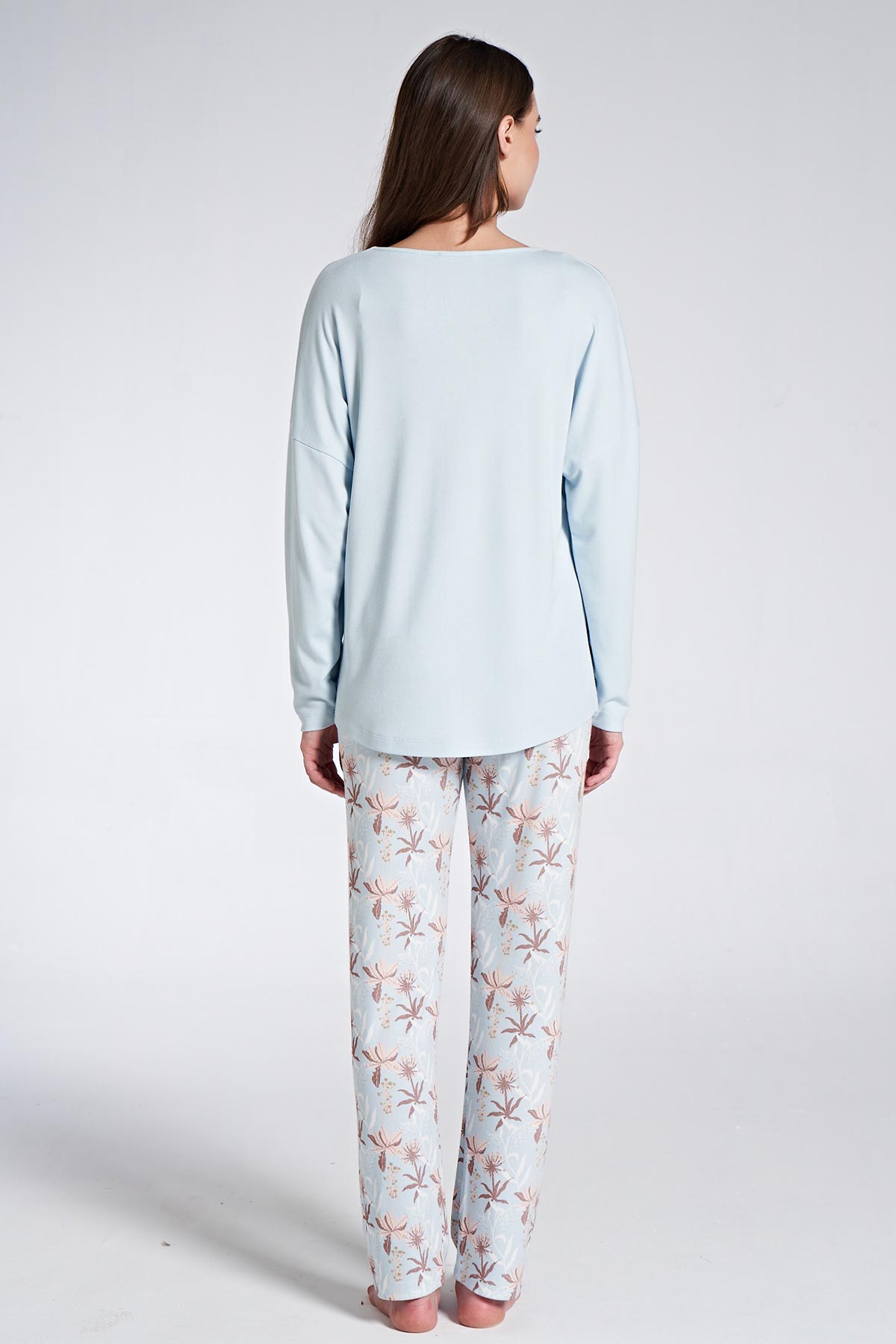 Pınarca Kadın Pijama Takımı Uzun Kollu Bisiklet Yaka Çiçek Desenli