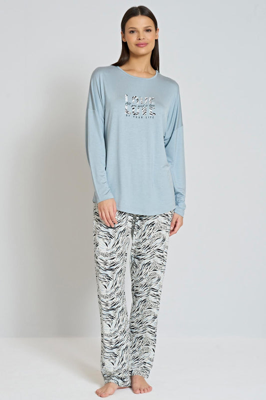 Pınarca Kadın Pijama Takımı Uzun Kollu Bisiklet Yaka Desenli