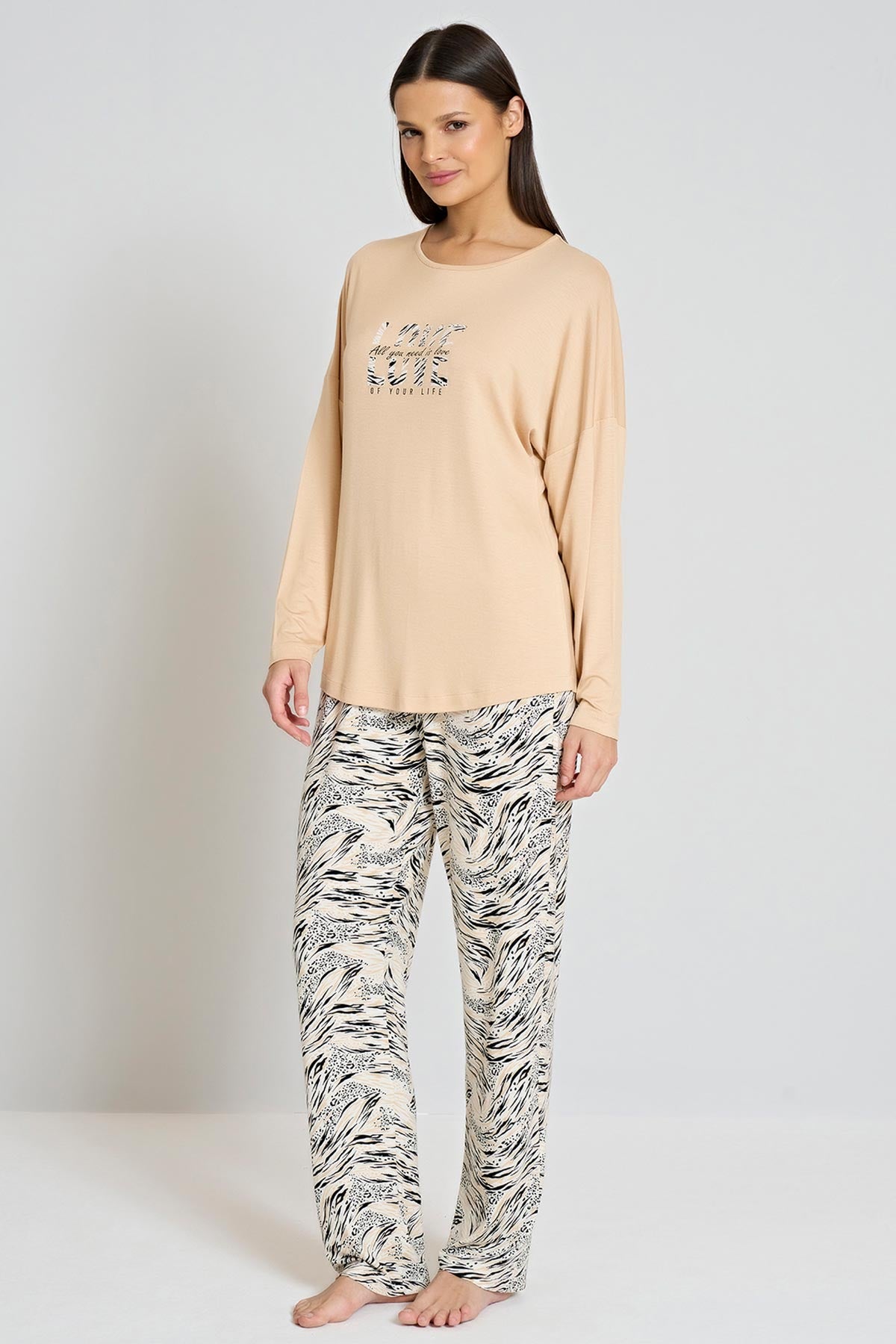 Pınarca Kadın Pijama Takımı Uzun Kollu Bisiklet Yaka Desenli