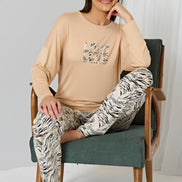 Pınarca Kadın Pijama Takımı Uzun Kollu Bisiklet Yaka Desenli