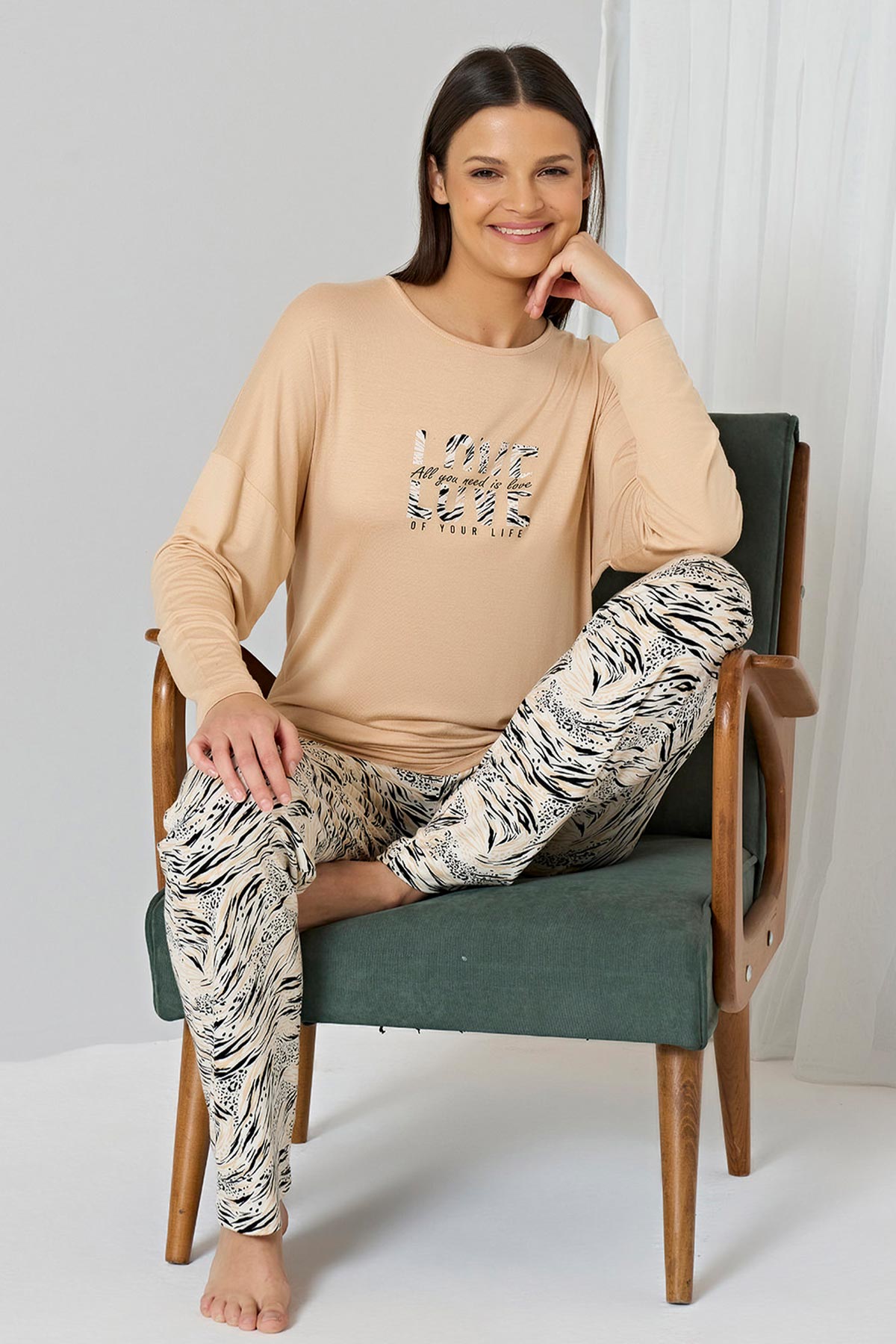 Pınarca Kadın Pijama Takımı Uzun Kollu Bisiklet Yaka Desenli