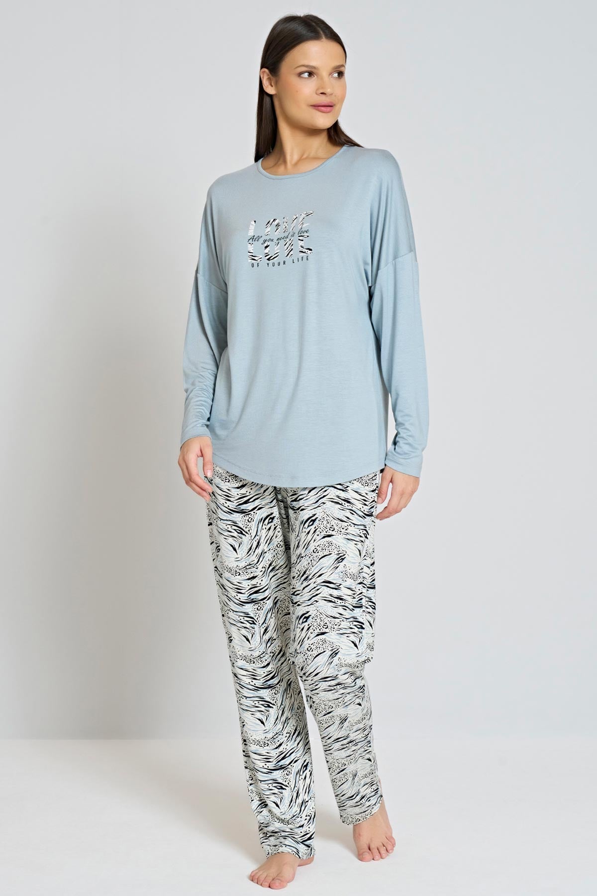 Pınarca Kadın Pijama Takımı Uzun Kollu Bisiklet Yaka Desenli