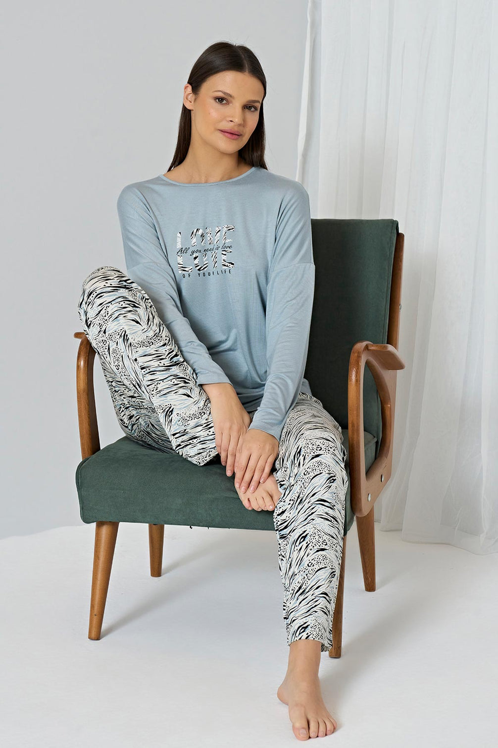Pınarca Kadın Pijama Takımı Uzun Kollu Bisiklet Yaka Desenli