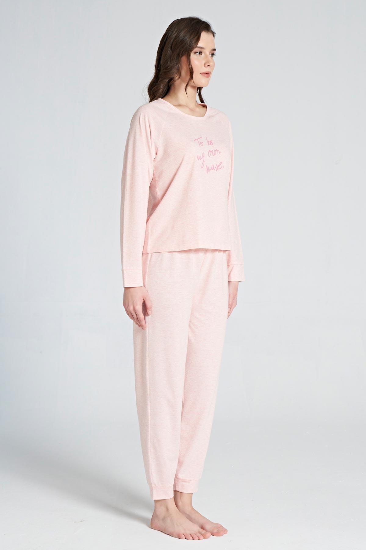 Pınarca Kadın Pijama Takımı Uzun Kollu Bisiklet Yaka Pamuklu