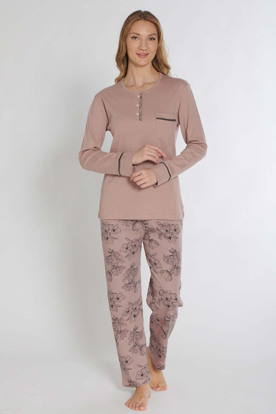Pınarca Kadın Pijama Takımı Uzun Kollu Büyük Beden İnterlok Cep Kol Biyeli