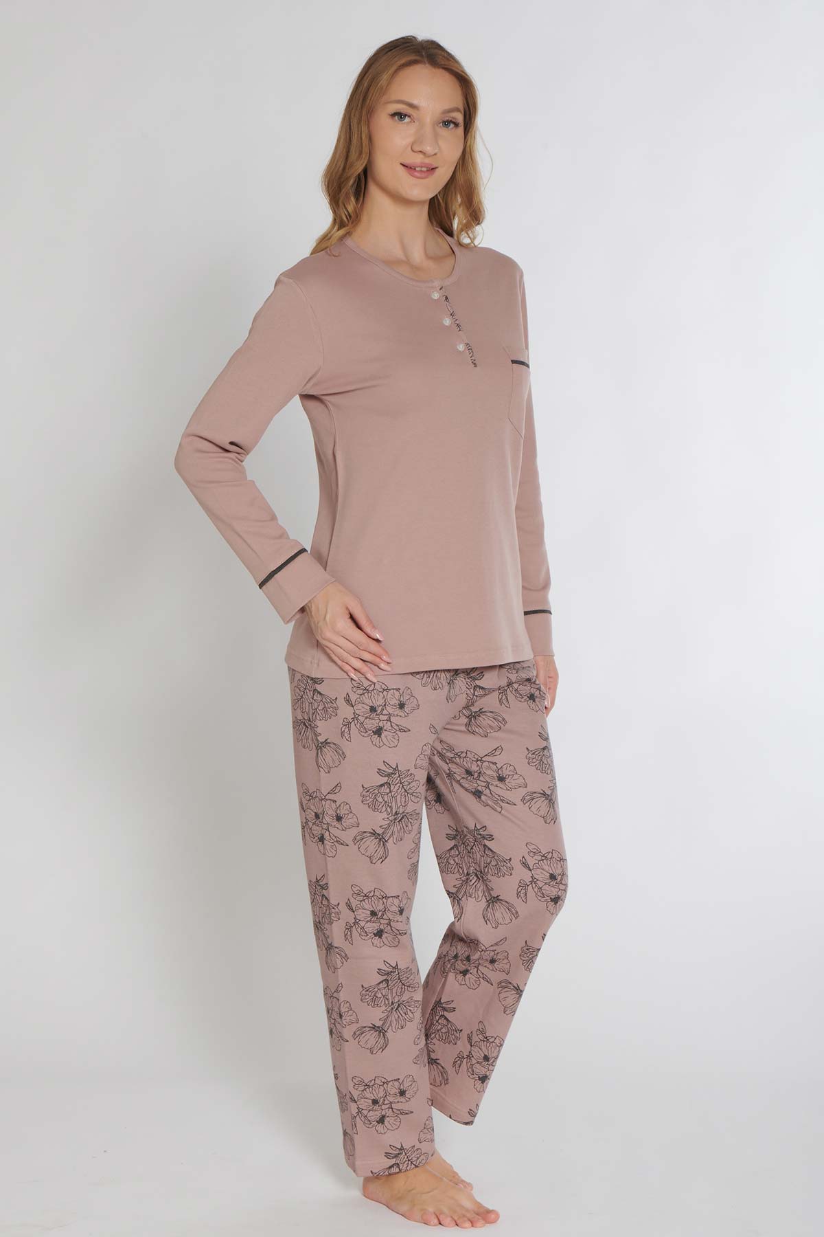 Pınarca Kadın Pijama Takımı Uzun Kollu Büyük Beden İnterlok Cep Kol Biyeli