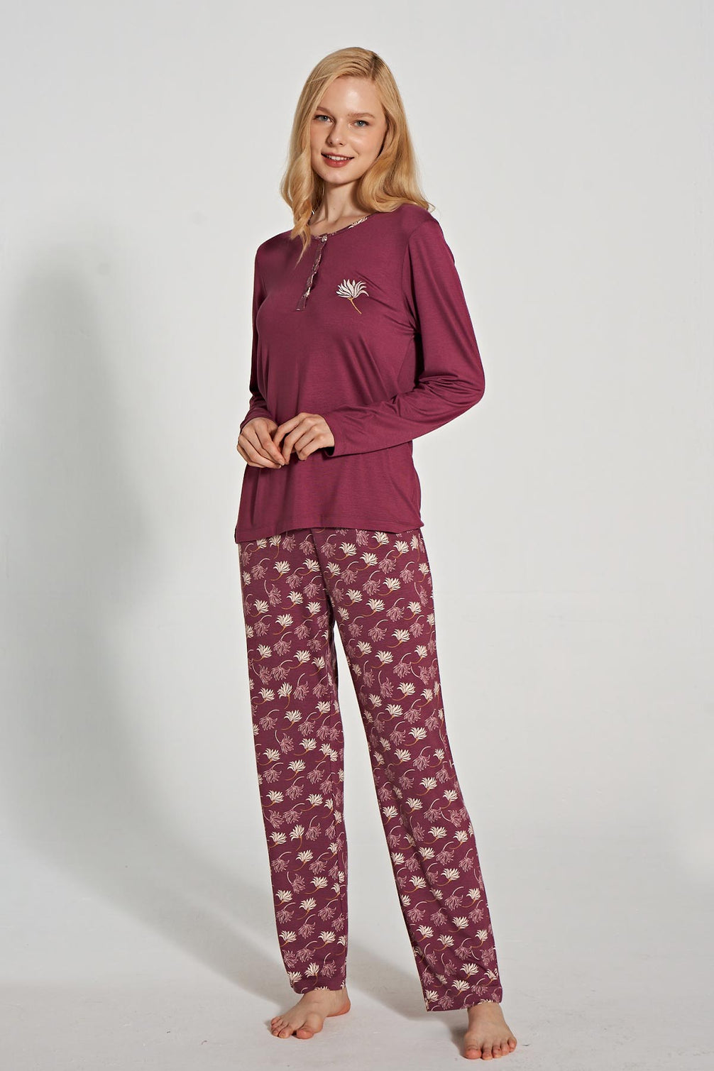 Pınarca Kadın Pijama Takımı Uzun Kollu Düğmeli Bisiklet Yaka