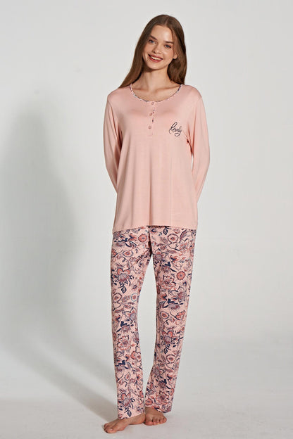 Pınarca Kadın Pijama Takımı Uzun Kollu Düğmeli Bisiklet Yaka