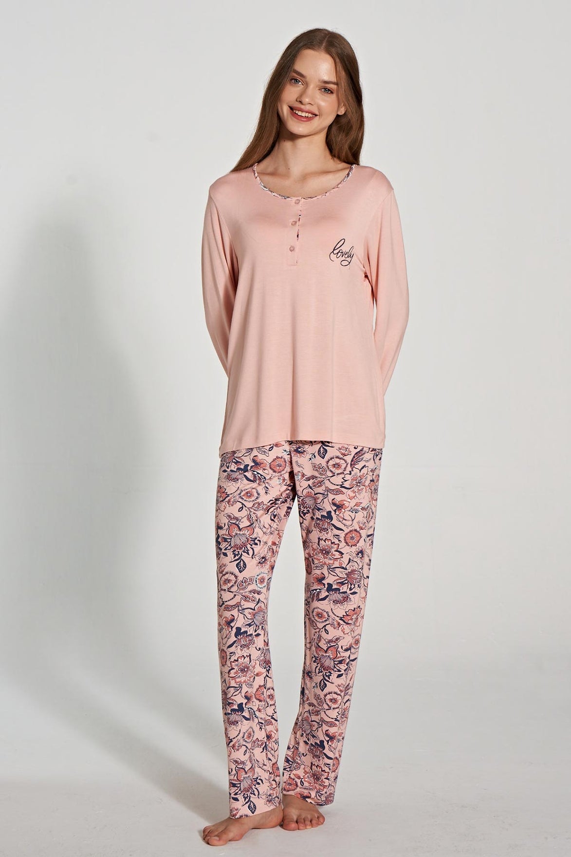 Pınarca Kadın Pijama Takımı Uzun Kollu Düğmeli Bisiklet Yaka
