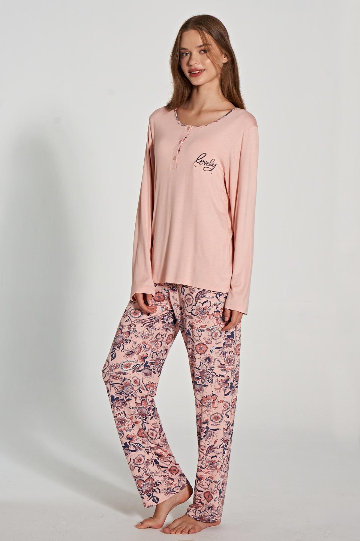 Pınarca Kadın Pijama Takımı Uzun Kollu Düğmeli Bisiklet Yaka