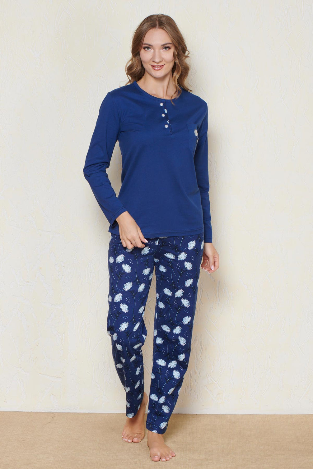 Pınarca Kadın Pijama Takımı Uzun Kollu Düğmeli Bisiklet Yaka