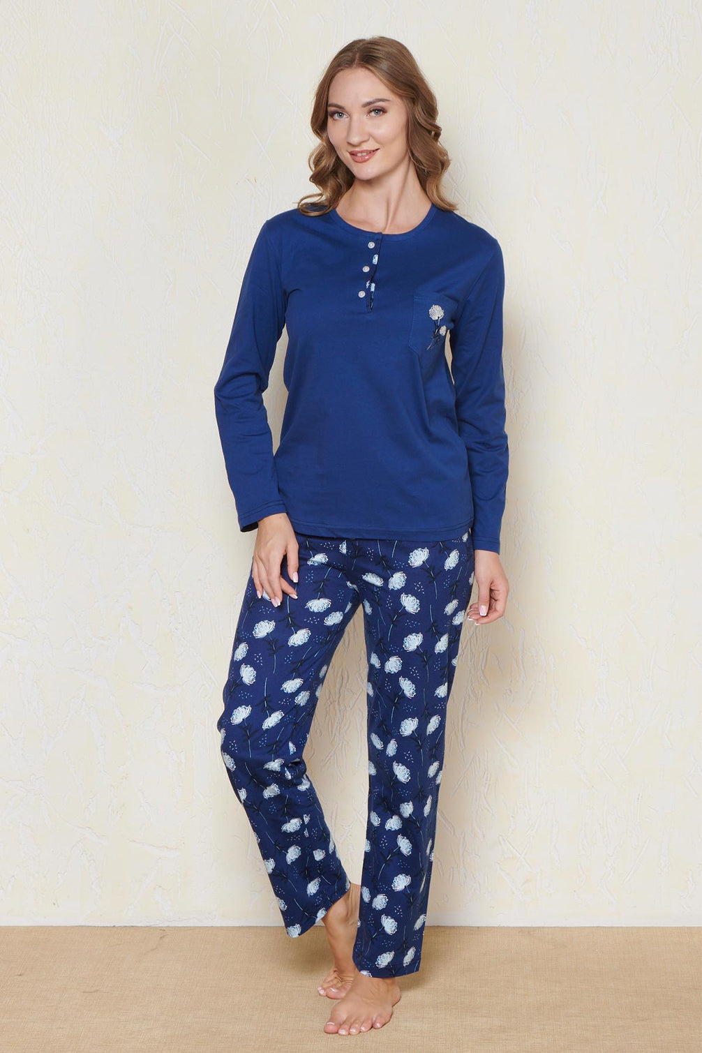 Pınarca Kadın Pijama Takımı Uzun Kollu Düğmeli Bisiklet Yaka