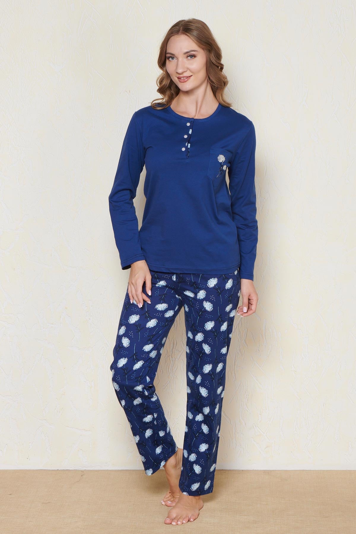 Pınarca Kadın Pijama Takımı Uzun Kollu Düğmeli Bisiklet Yaka