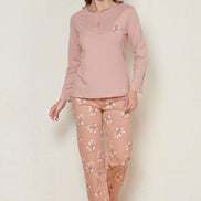 Pınarca Kadın Pijama Takımı Uzun Kollu Düğmeli Bisiklet Yaka İnterlok