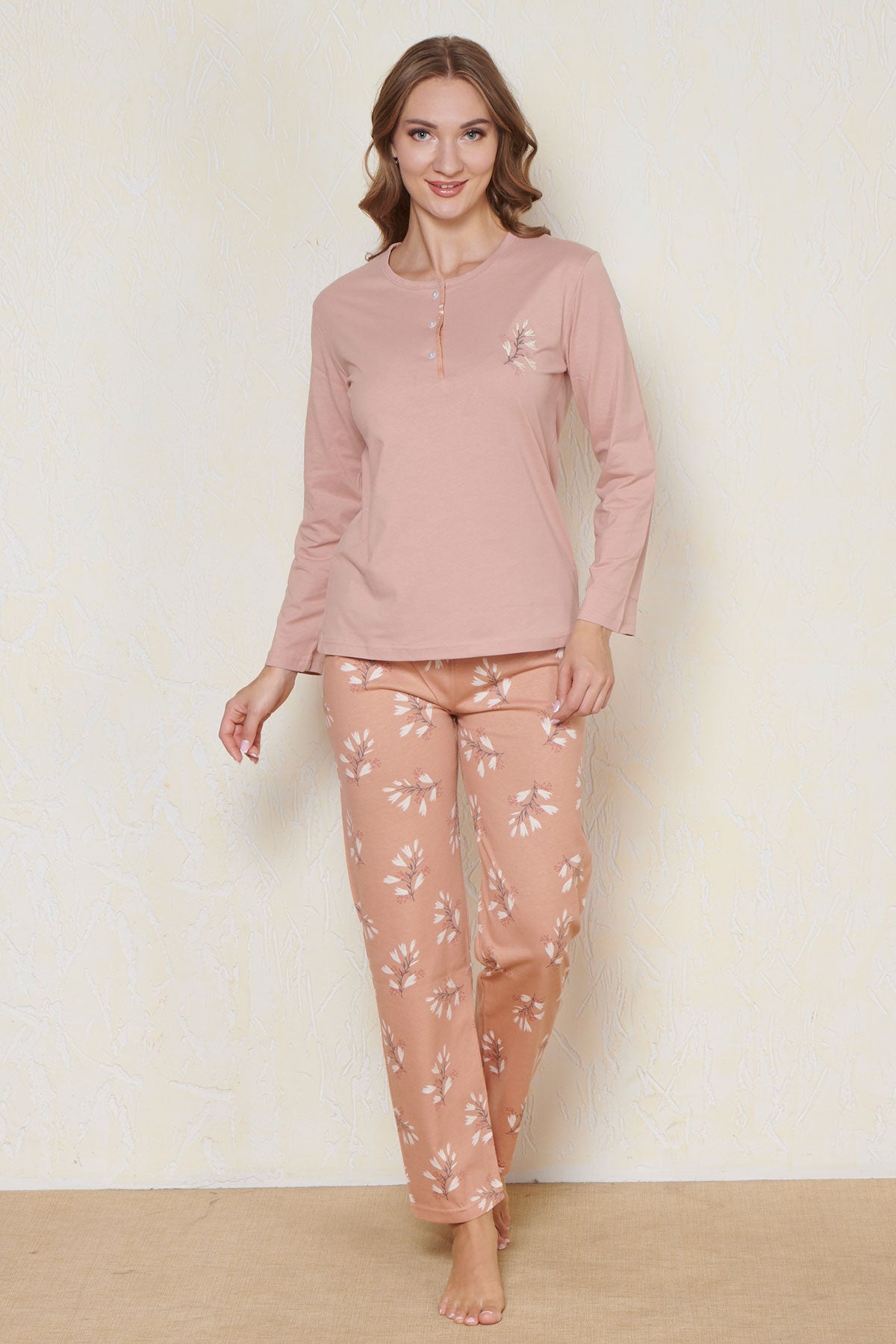 Pınarca Kadın Pijama Takımı Uzun Kollu Düğmeli Bisiklet Yaka İnterlok