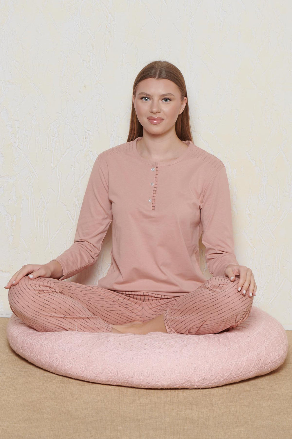 Pınarca Kadın Pijama Takımı Uzun Kollu Düğmeli Çizgili
