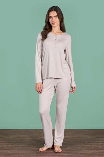 Pınarca Kadın Pijama Takımı Uzun Kollu Düğmeli Düz Melisa