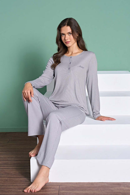 Pınarca Kadın Pijama Takımı Uzun Kollu Düğmeli Düz Melisa