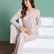 Pınarca Kadın Pijama Takımı Uzun Kollu Düğmeli Düz Melisa