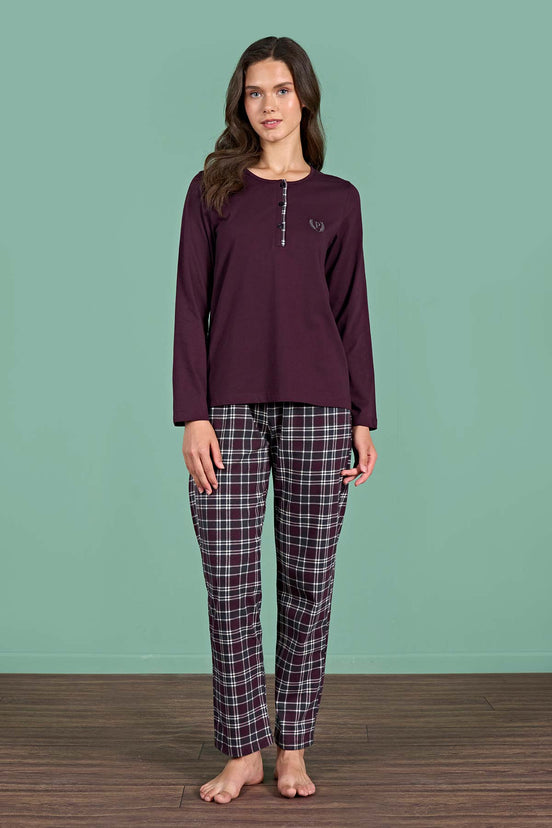 Pınarca Kadın Pijama Takımı Uzun Kollu Düğmeli Ekoseli Pamuklu Eşli