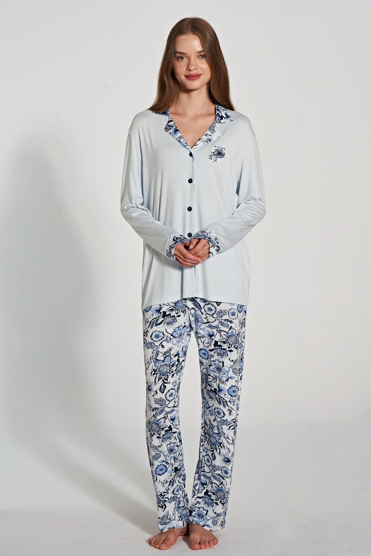 Pınarca Kadın Pijama Takımı Uzun Kollu Düğmeli Gömlek Yaka