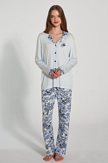 Pınarca Kadın Pijama Takımı Uzun Kollu Düğmeli Gömlek Yaka