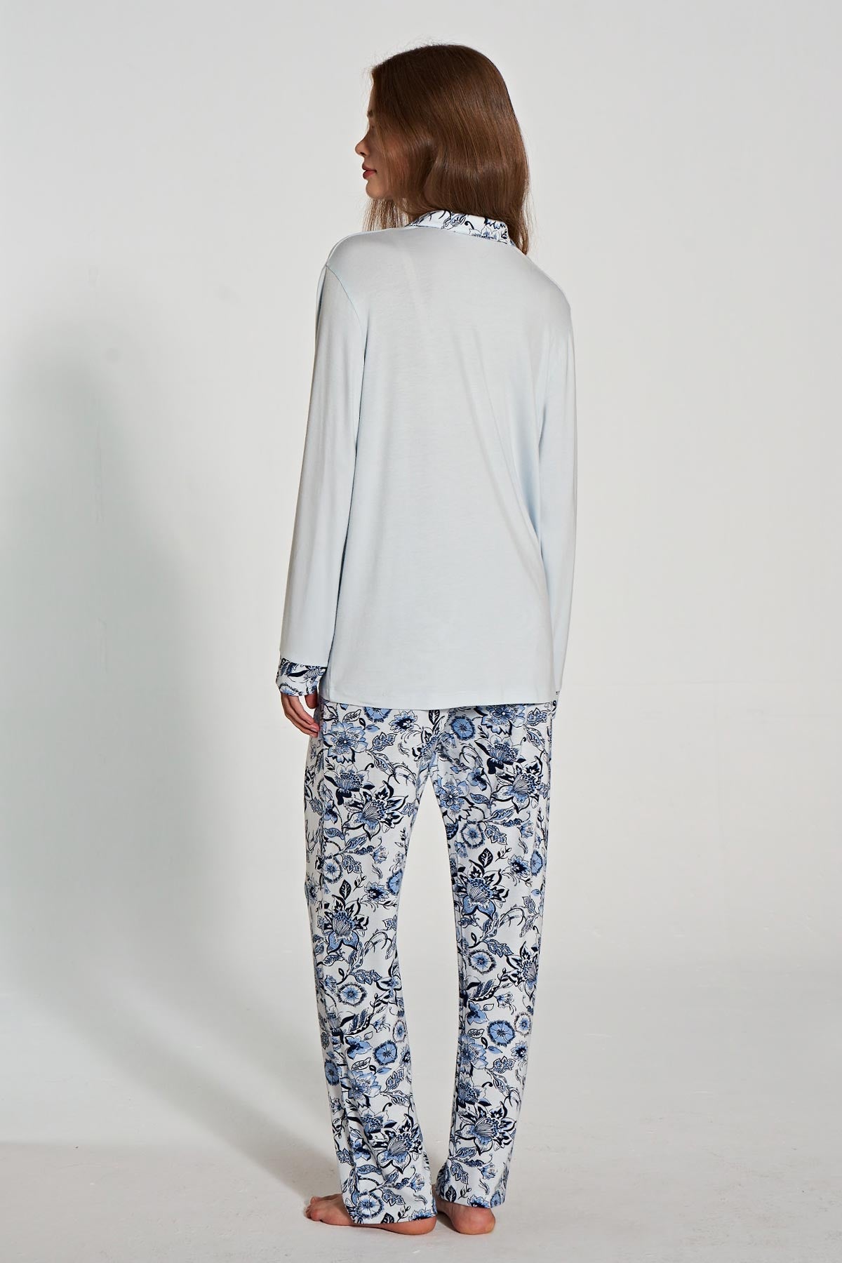 Pınarca Kadın Pijama Takımı Uzun Kollu Düğmeli Gömlek Yaka
