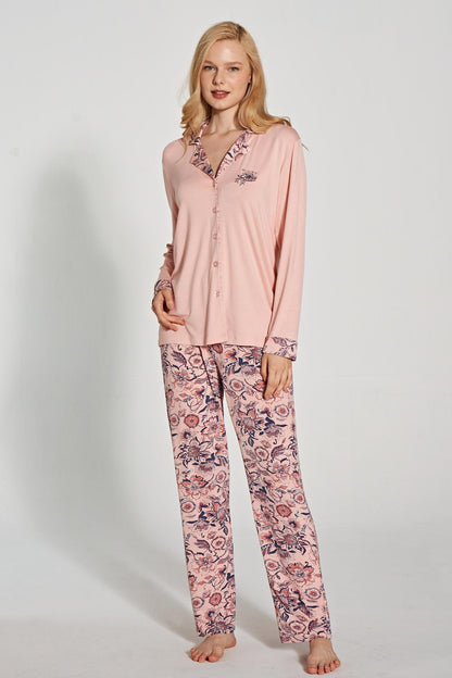 Pınarca Kadın Pijama Takımı Uzun Kollu Düğmeli Gömlek Yaka