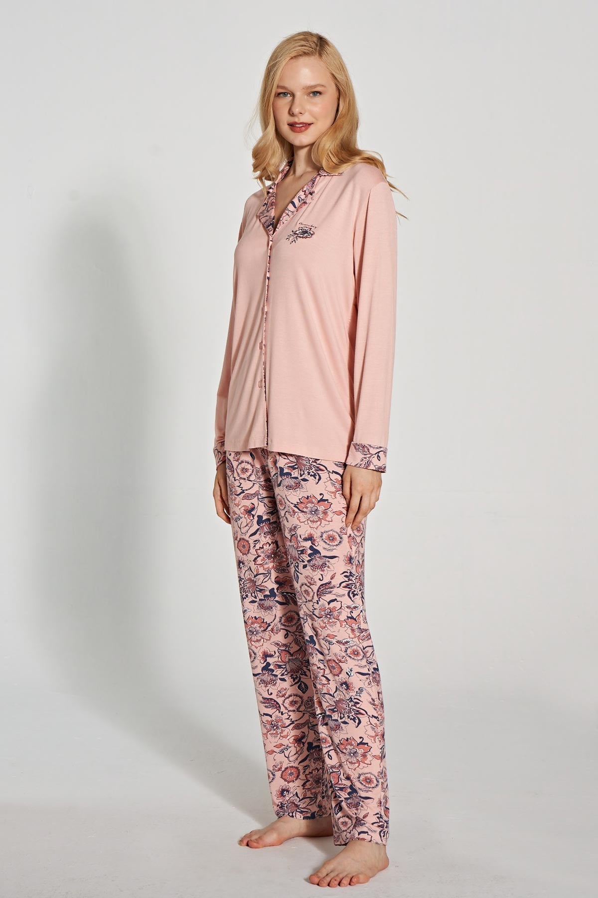 Pınarca Kadın Pijama Takımı Uzun Kollu Düğmeli Gömlek Yaka