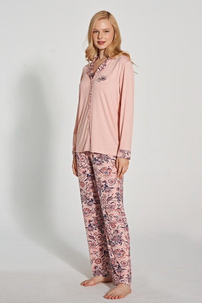 Pınarca Kadın Pijama Takımı Uzun Kollu Düğmeli Gömlek Yaka