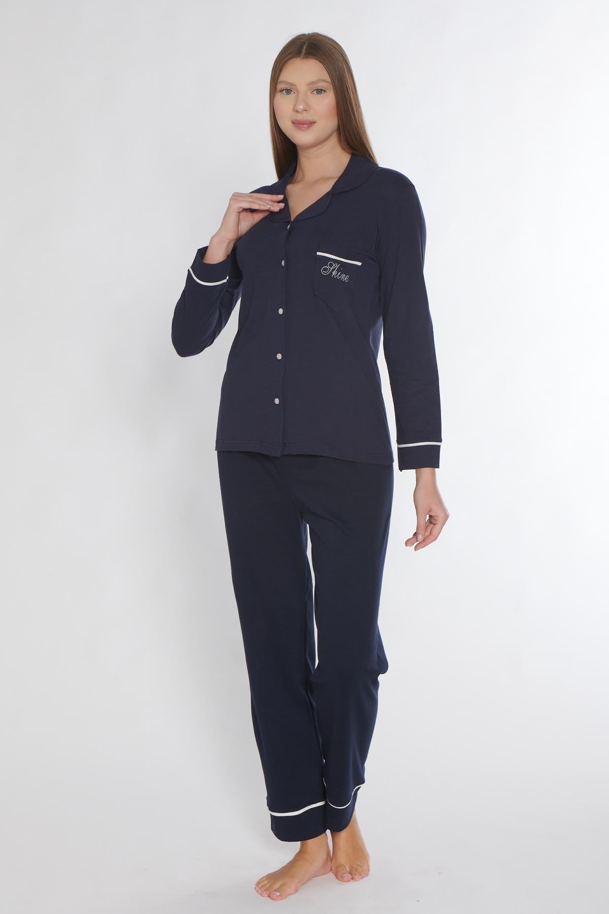 Pınarca Kadın Pijama Takımı Uzun Kollu Düğmeli Gömlek Yaka Biyeli Cepli