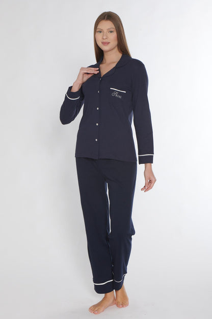 Pınarca Kadın Pijama Takımı Uzun Kollu Düğmeli Gömlek Yaka Biyeli Cepli