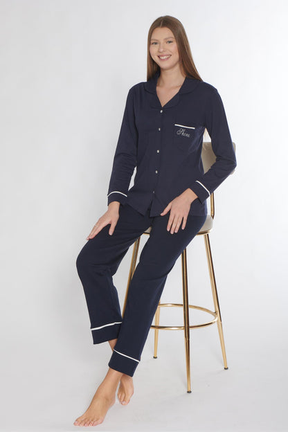 Pınarca Kadın Pijama Takımı Uzun Kollu Düğmeli Gömlek Yaka Biyeli Cepli