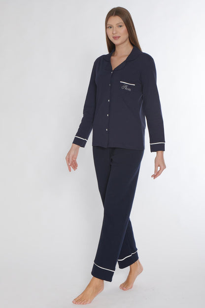 Pınarca Kadın Pijama Takımı Uzun Kollu Düğmeli Gömlek Yaka Biyeli Cepli