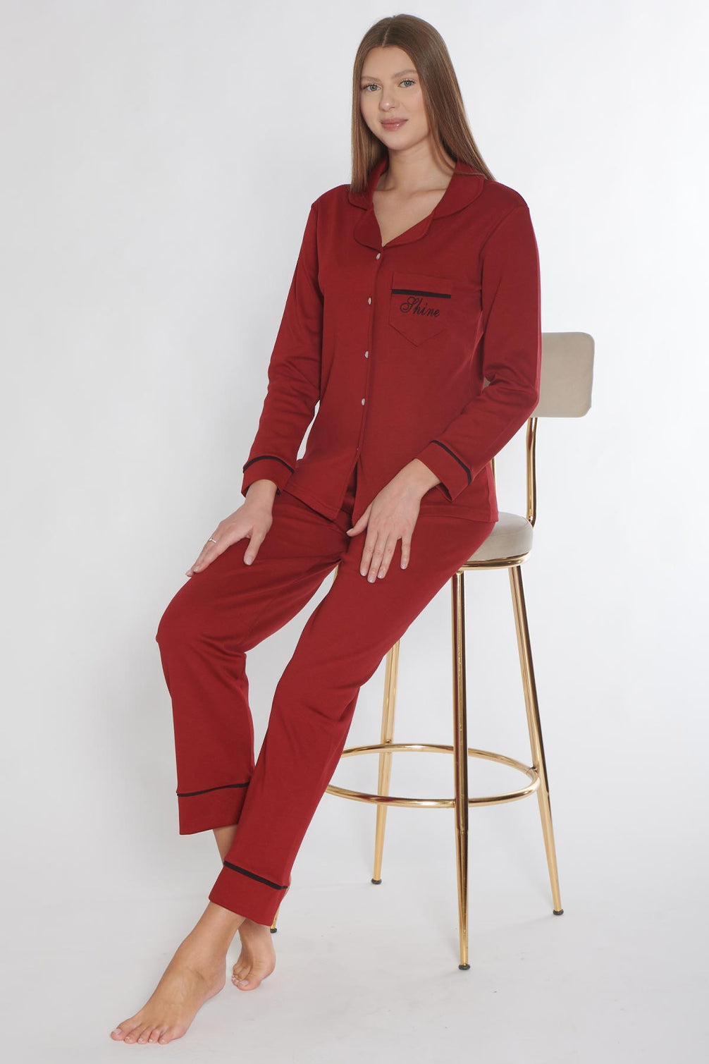 Pınarca Kadın Pijama Takımı Uzun Kollu Düğmeli Gömlek Yaka Biyeli Cepli Pamuklu