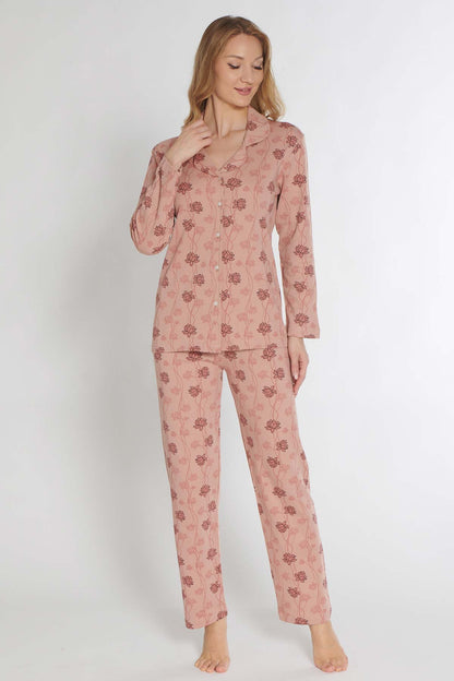 Pınarca Kadın Pijama Takımı Uzun Kollu Düğmeli Gömlek Yaka İnterlok Çiçek Desenli