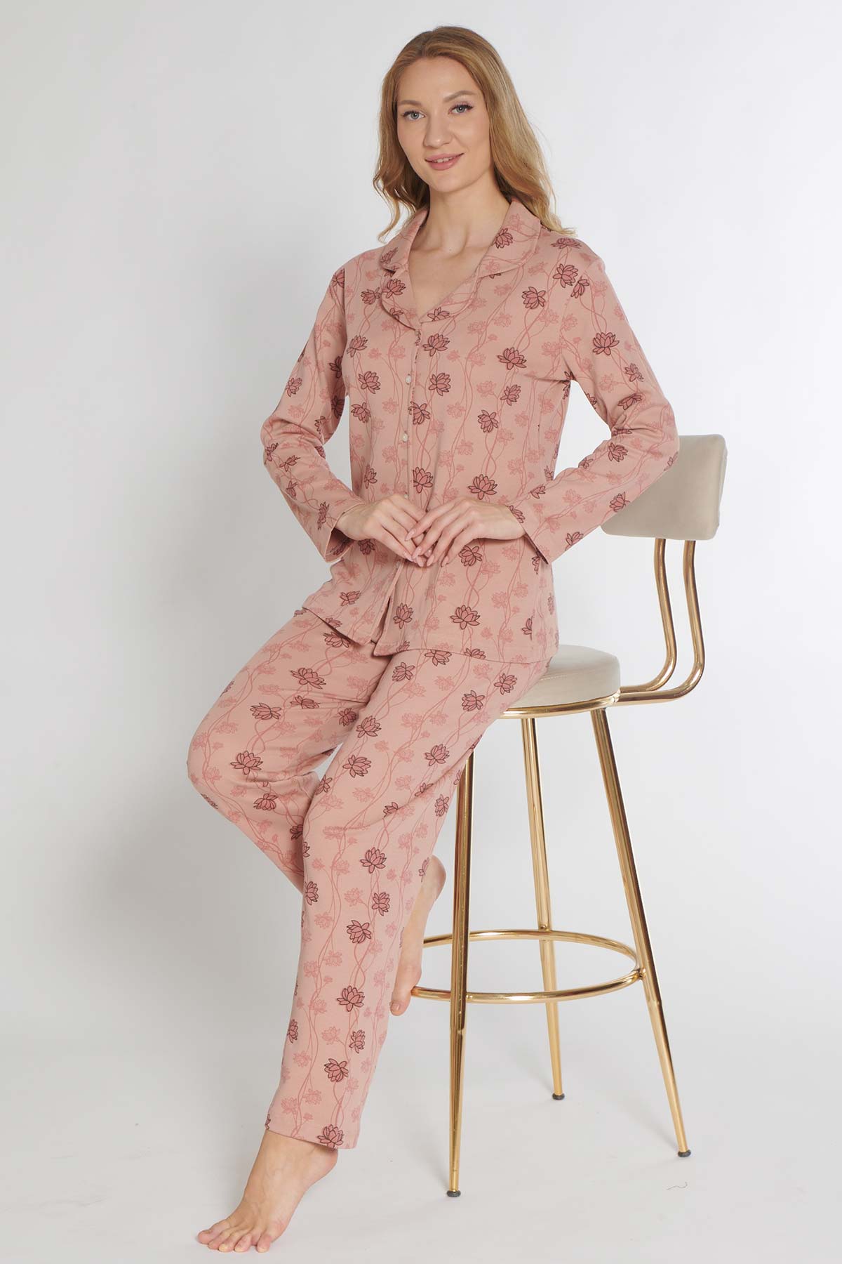 Pınarca Kadın Pijama Takımı Uzun Kollu Düğmeli Gömlek Yaka İnterlok Çiçek Desenli