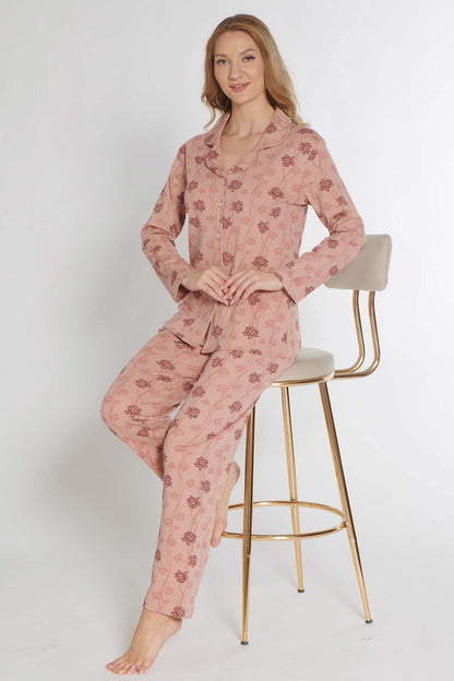 Pınarca Kadın Pijama Takımı Uzun Kollu Düğmeli Gömlek Yaka İnterlok Çiçek Desenli