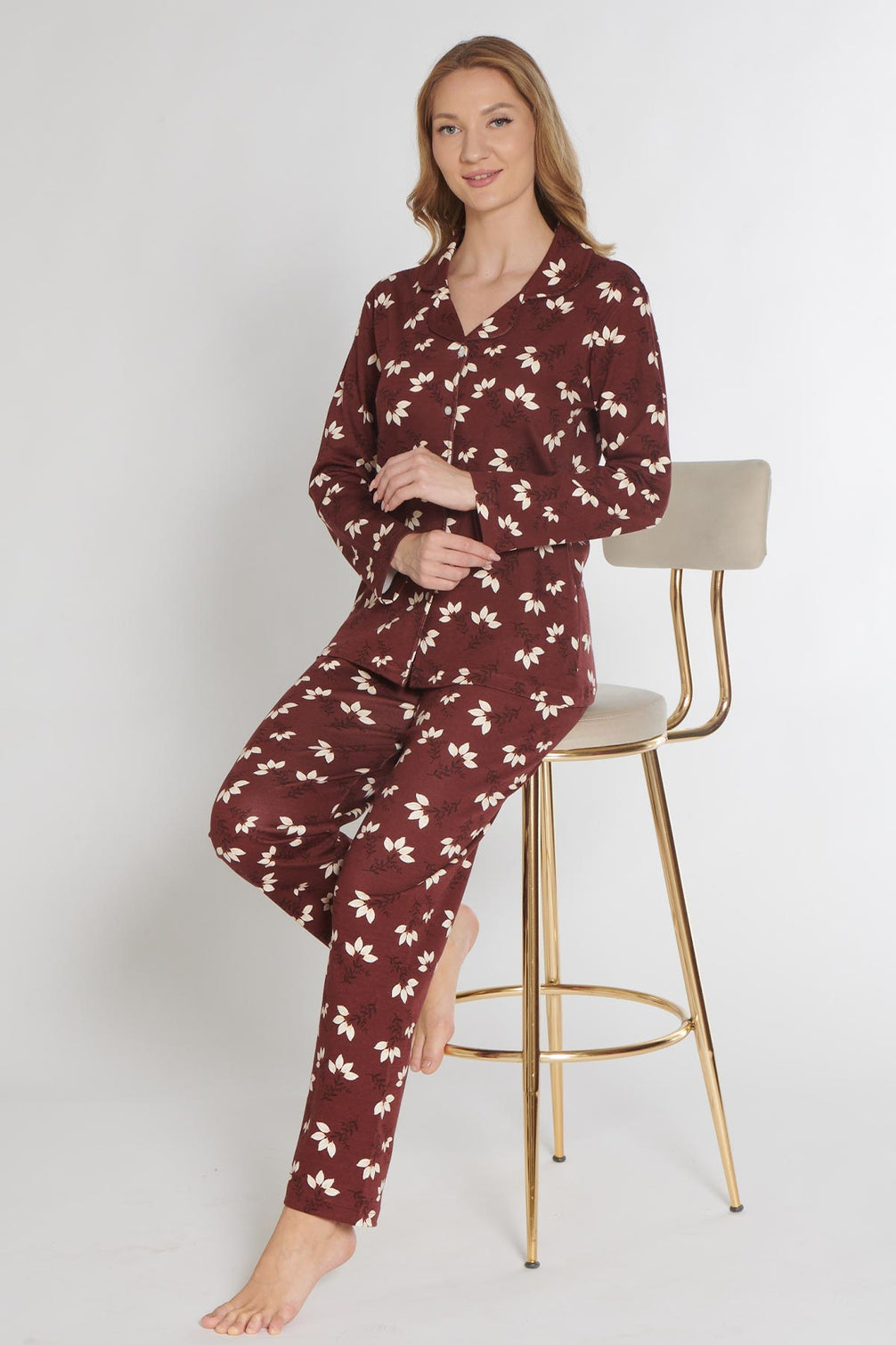 Pınarca Kadın Pijama Takımı Uzun Kollu Düğmeli Gömlek Yaka İnterlok Çiçek Desenli