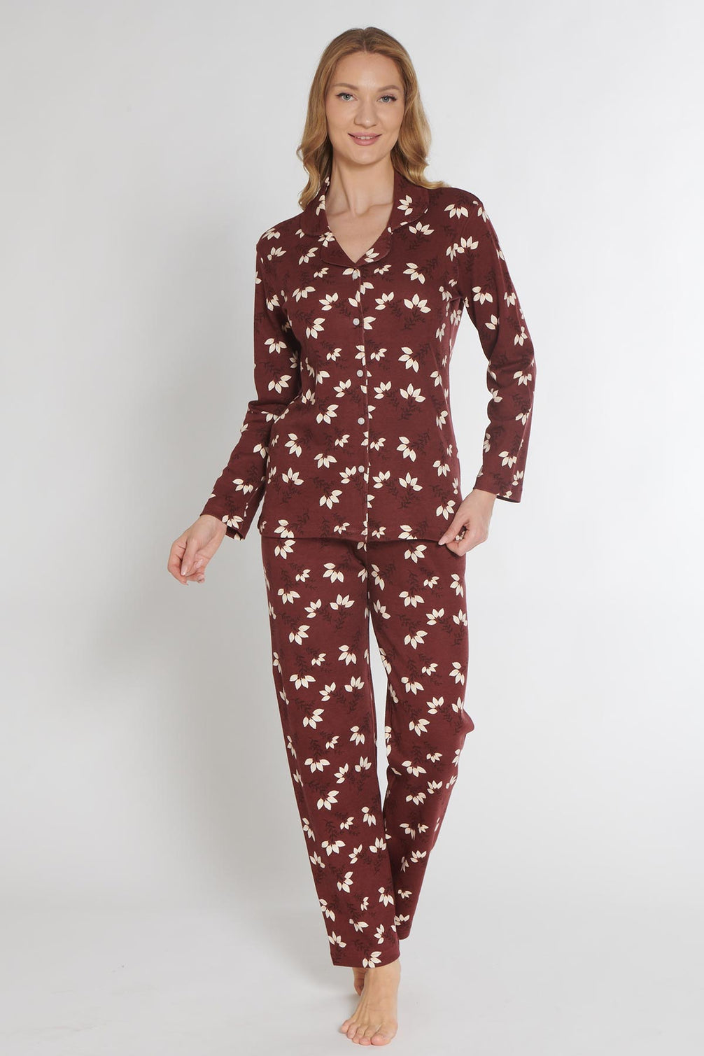 Pınarca Kadın Pijama Takımı Uzun Kollu Düğmeli Gömlek Yaka İnterlok Çiçek Desenli