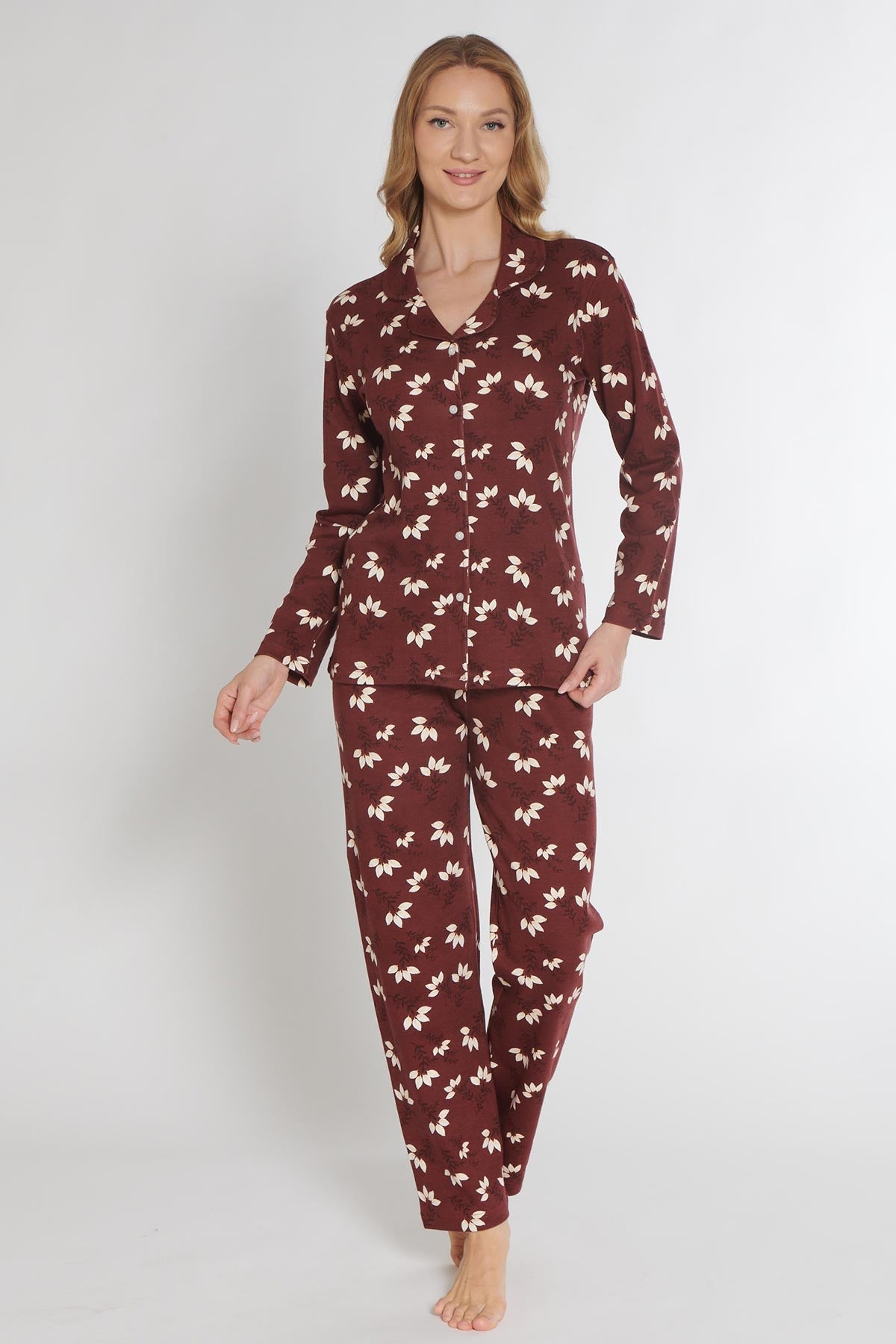 Pınarca Kadın Pijama Takımı Uzun Kollu Düğmeli Gömlek Yaka İnterlok Çiçek Desenli