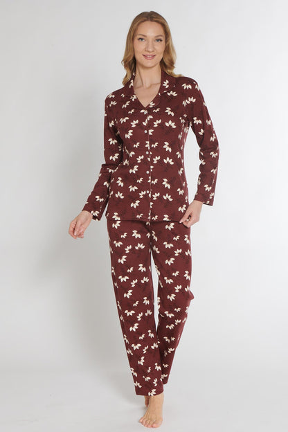 Pınarca Kadın Pijama Takımı Uzun Kollu Düğmeli Gömlek Yaka İnterlok Çiçek Desenli
