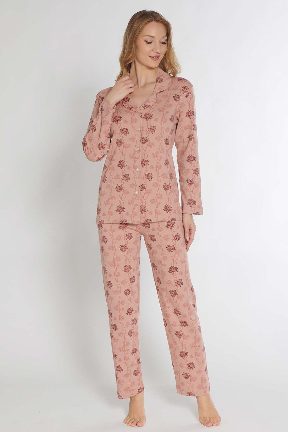 Pınarca Kadın Pijama Takımı Uzun Kollu Düğmeli Gömlek Yaka İnterlok Çiçek Desenli