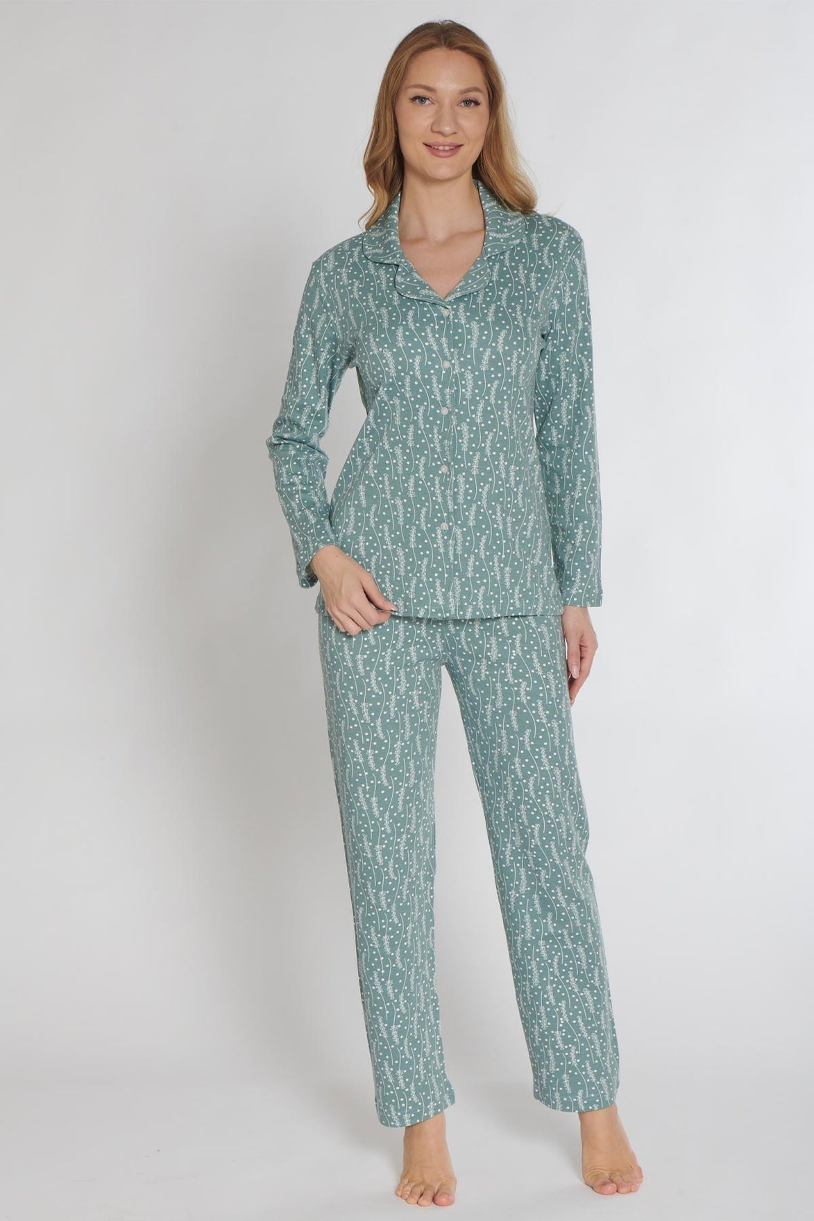 Pınarca Kadın Pijama Takımı Uzun Kollu Düğmeli Gömlek Yaka İnterlok Desenli