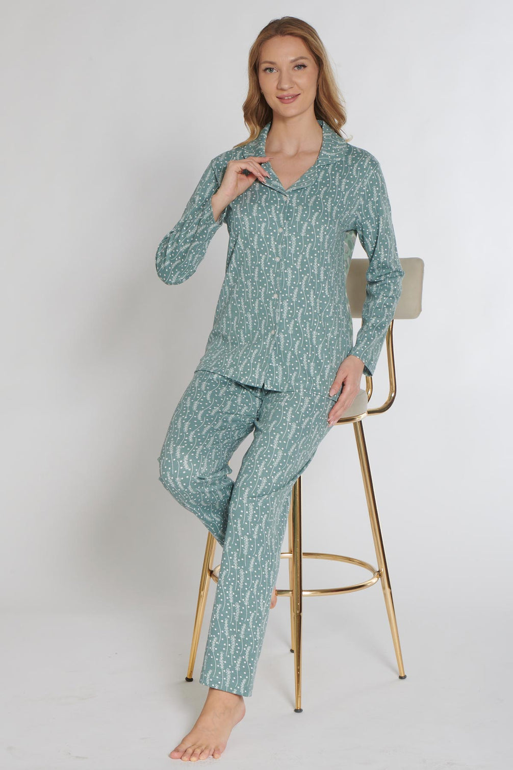 Pınarca Kadın Pijama Takımı Uzun Kollu Düğmeli Gömlek Yaka İnterlok Desenli