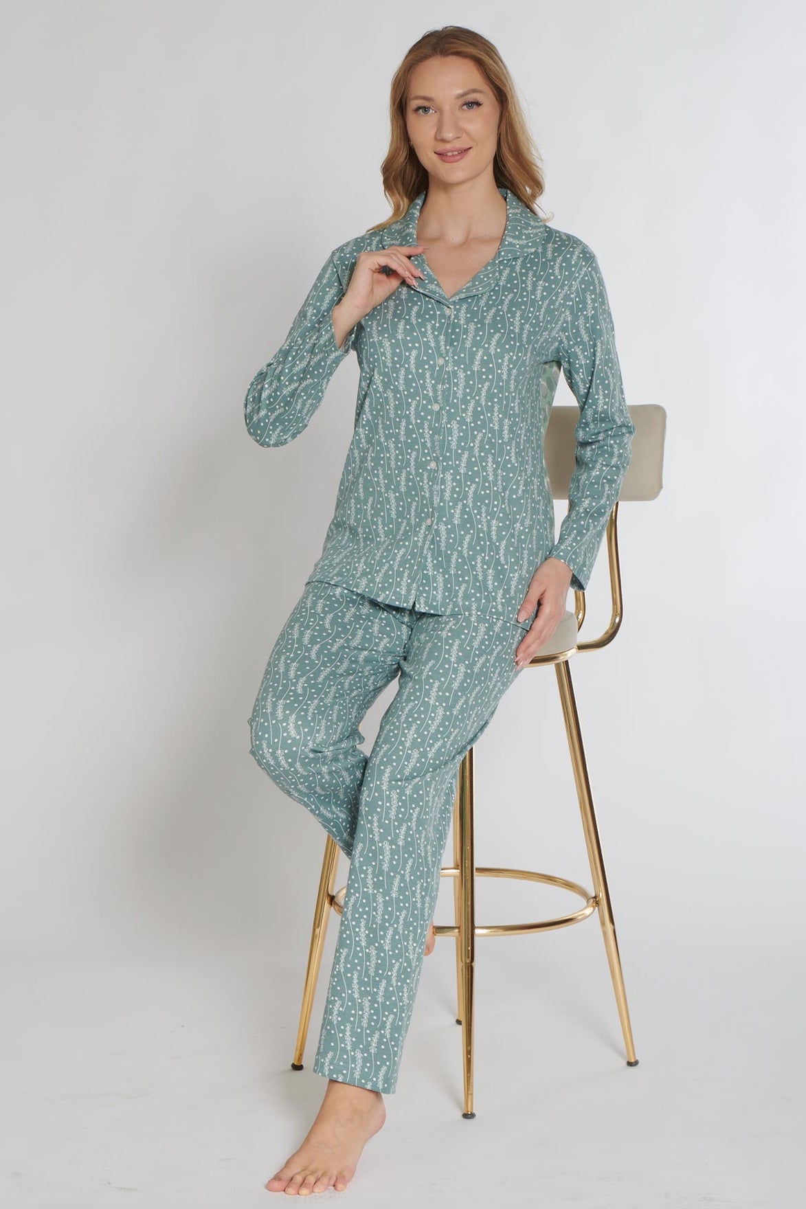 Pınarca Kadın Pijama Takımı Uzun Kollu Düğmeli Gömlek Yaka İnterlok Desenli