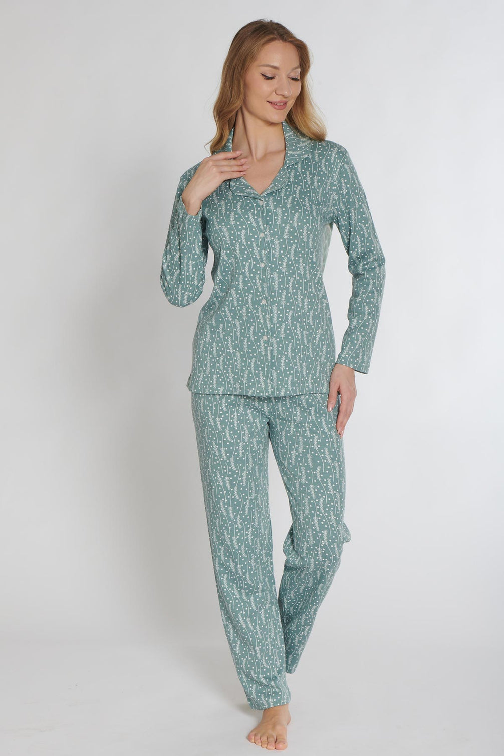 Pınarca Kadın Pijama Takımı Uzun Kollu Düğmeli Gömlek Yaka İnterlok Desenli