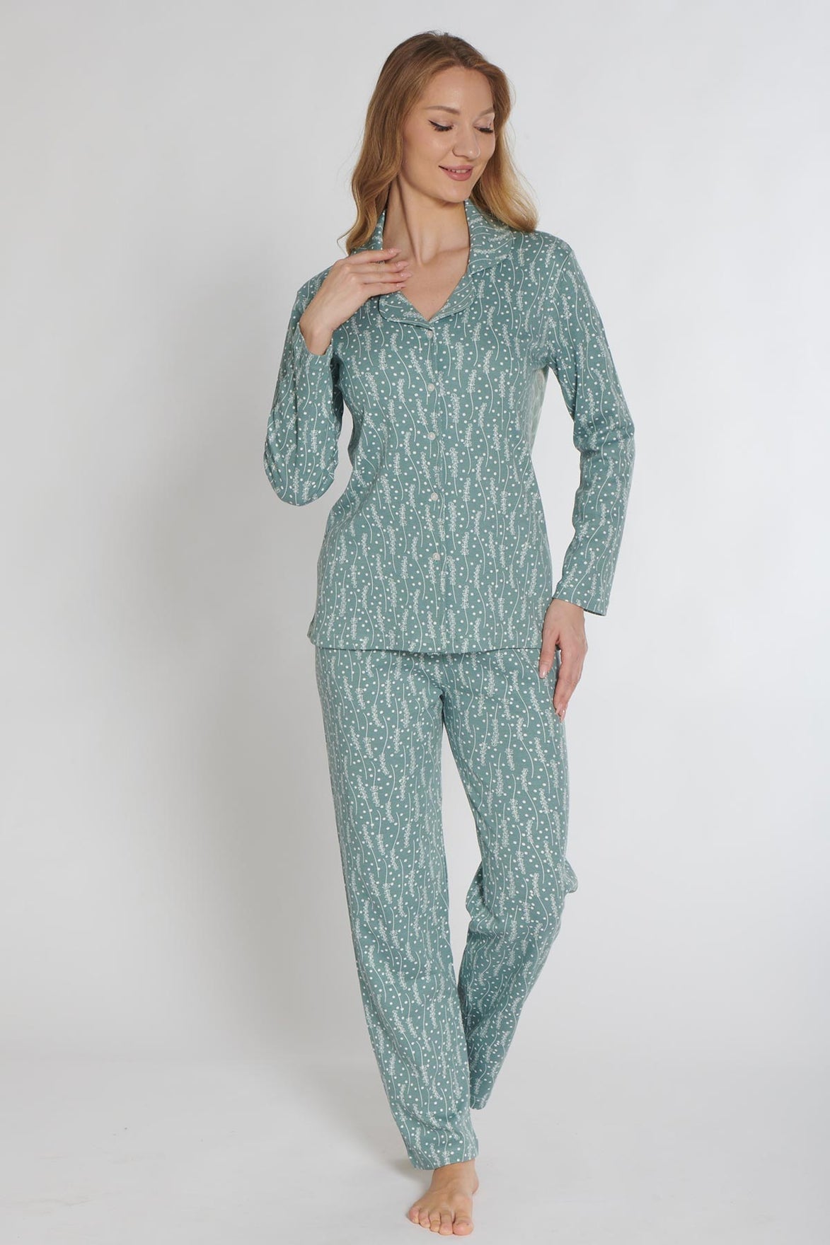 Pınarca Kadın Pijama Takımı Uzun Kollu Düğmeli Gömlek Yaka İnterlok Desenli